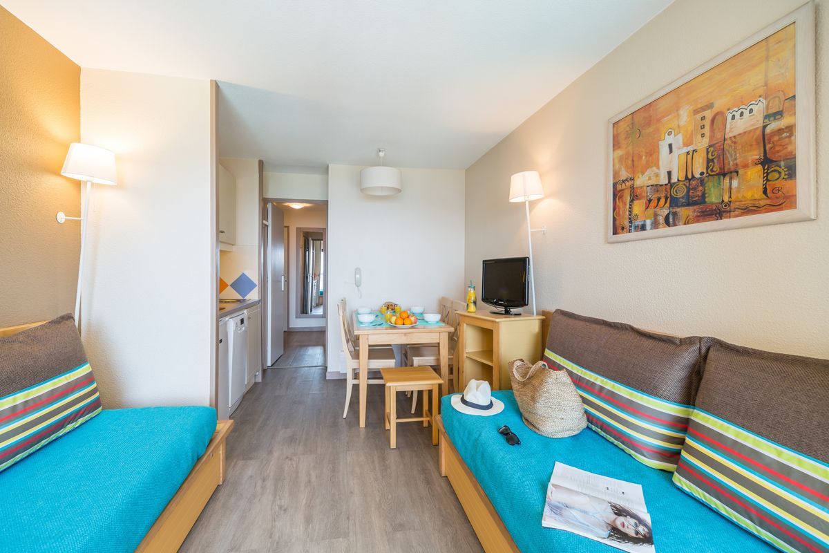 Canapé-lit du salon face au balcon vue sur la piscine — Appartement 1 Chambre La Palme d'Azur Cannes