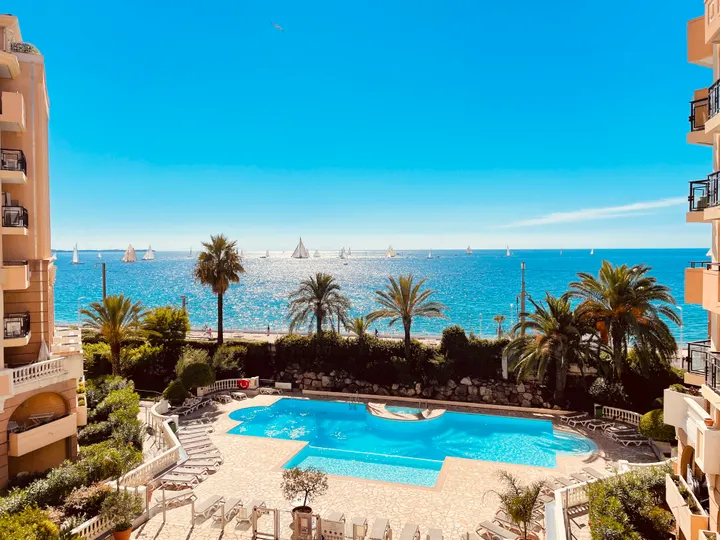 Sailing yachts in the bay of Cannes seen from the residence pool during the regattas