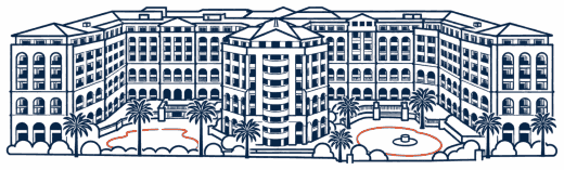 Architectural illustration of La Palme d'Azur residence, its Mediterranean courtyard and two pools